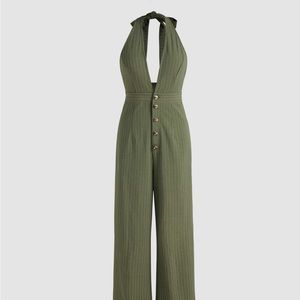 Green Pinstripe Halter Jumpsuit